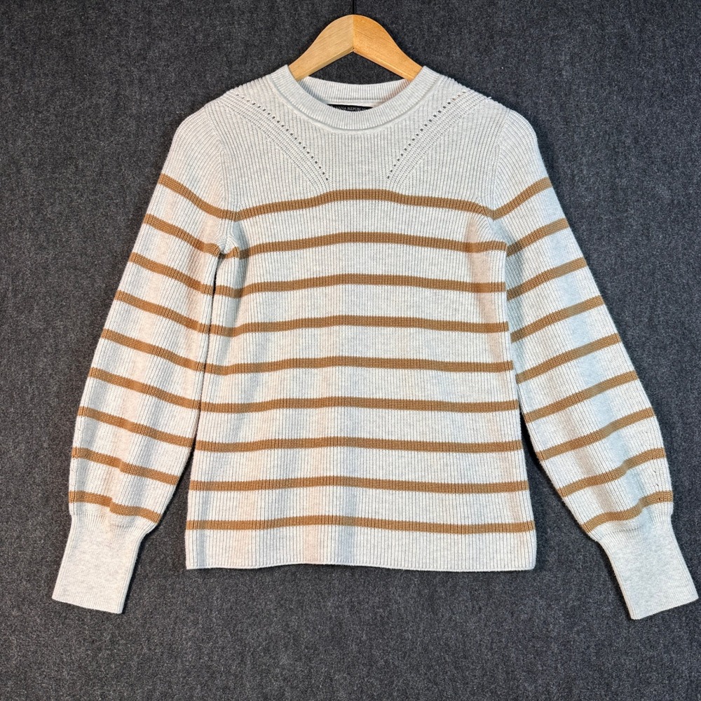 Banana Republic Womens Striped Ribbed Crewneck Sweater Cream Brown Small